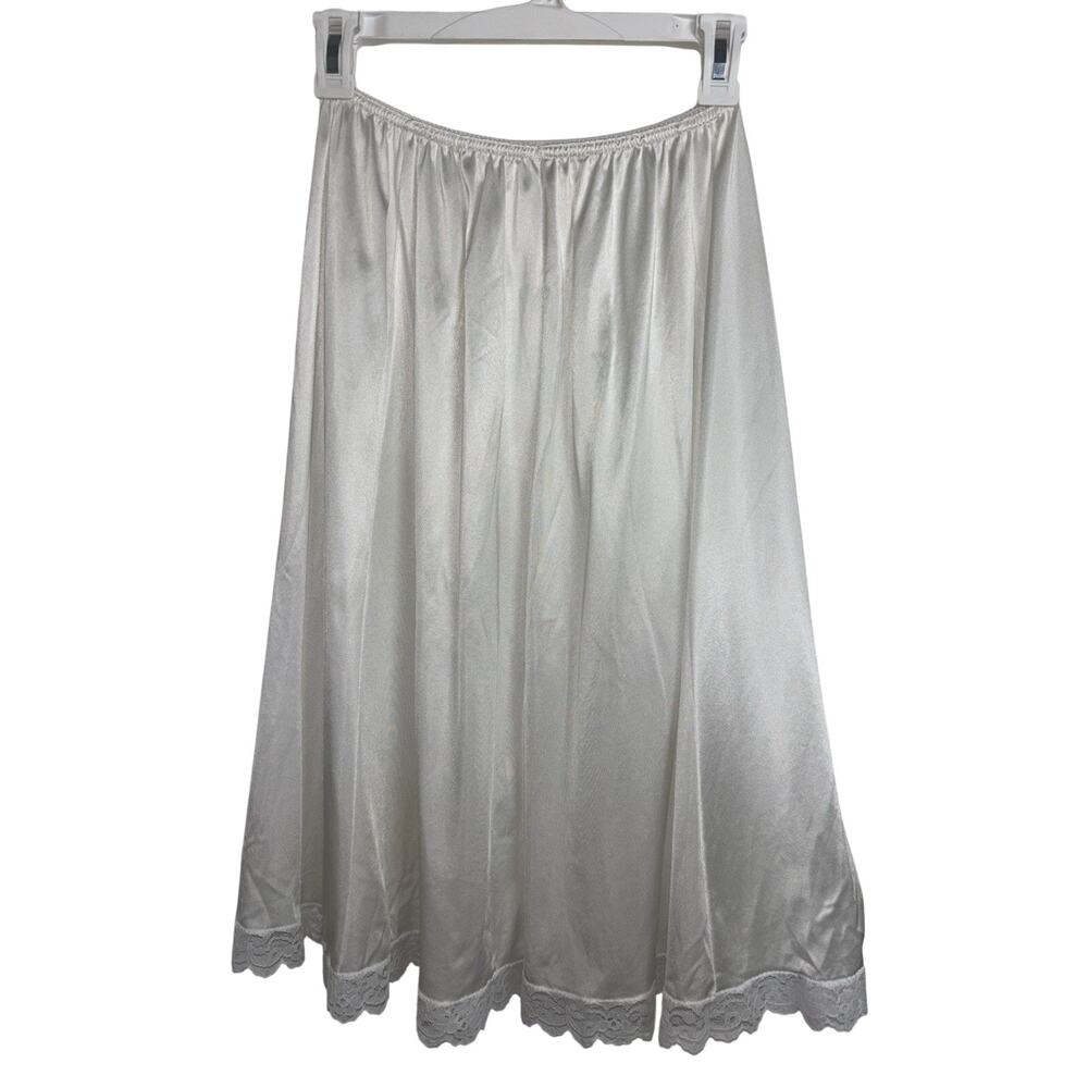 Vintage 70s 80s Velrose White Lace Trim Slip Skirt Sz 28/30 M/L Nylon USA Made